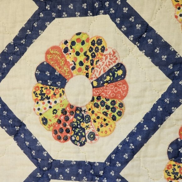 Vintage 70s Dresden Plate Wheel Quilt Blue Floral Backing 70 X 80" Blue Yellow - Picture 4 of 8